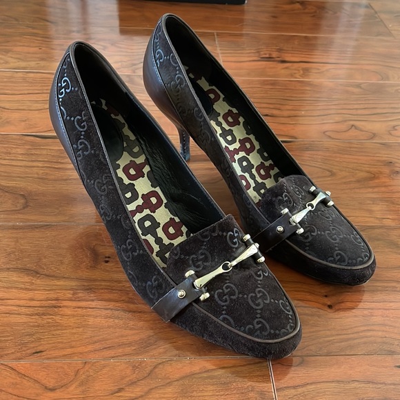 Authentic Gucci Brown GG Suede with Gold Hardware Mid High Heel Shoes - Picture 3 of 16